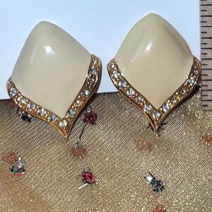 Vintage Cream Enamel & Crystal Clip Earrings